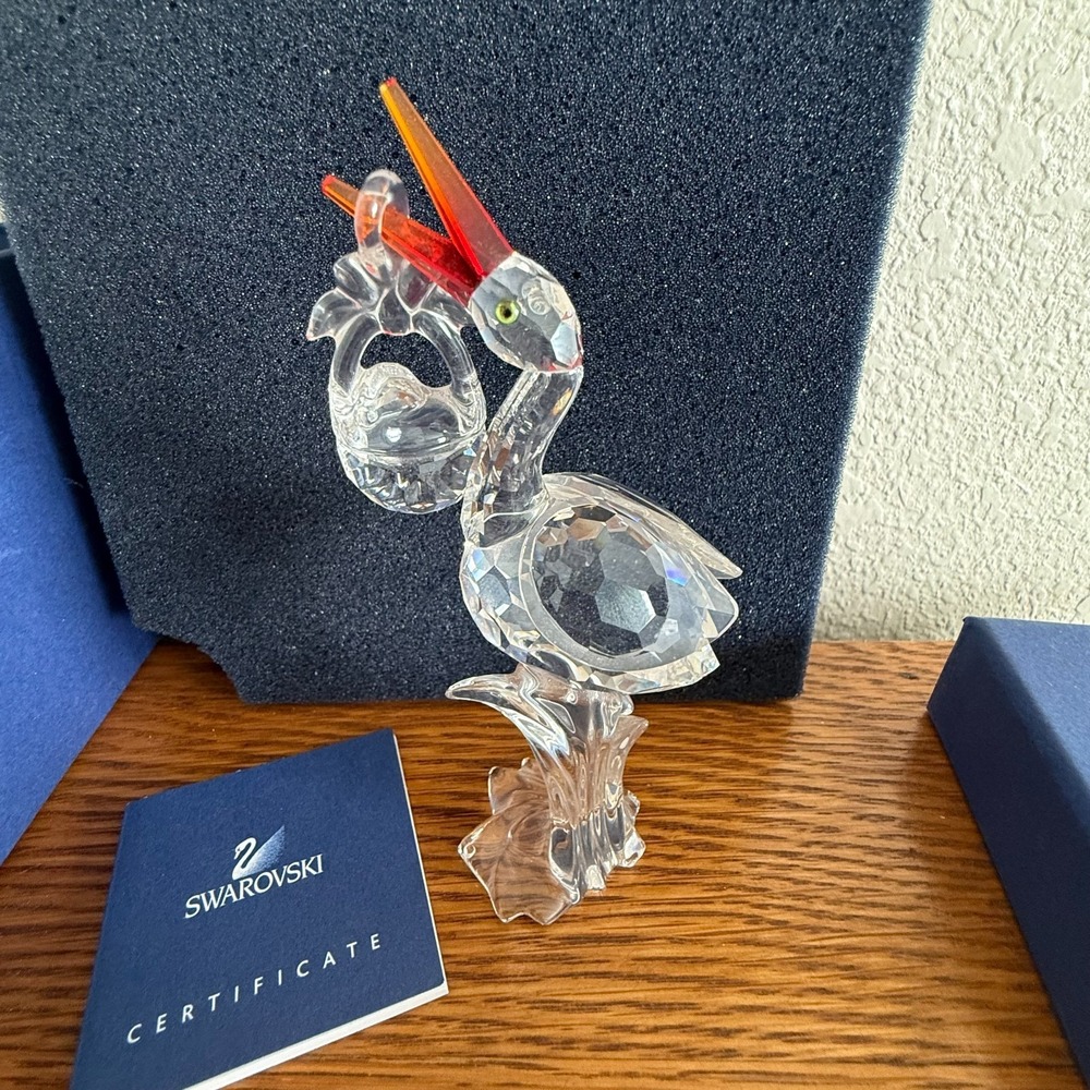 Swarovski Crystal Stork with Baby in Basket Retired Figurine  #659401 Box & COA
